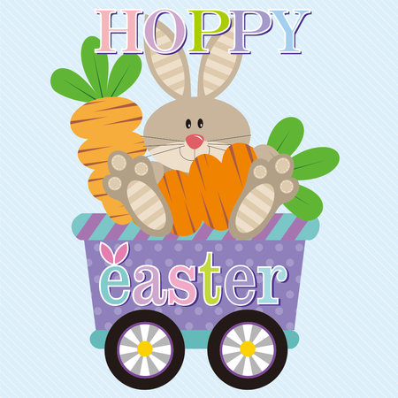 Happy Easter day with cute bunny and carrots on a carriageのイラスト素材