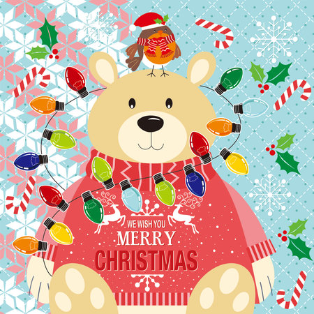 Christmas card with teddy bear  lights and birdのイラスト素材