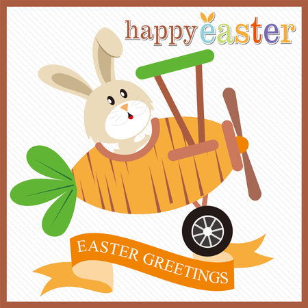 Happy Easter card with cute bunny on the carrot planeのイラスト素材