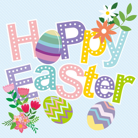 Happy Easter card with lettering, eggs and flowersのイラスト素材