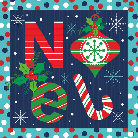 Christmas card with noel, bauble and candy caneのイラスト素材