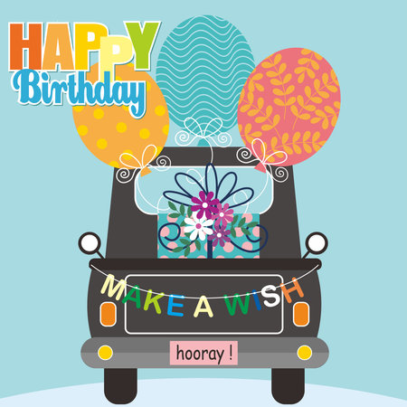 Birthday card with balloons and gift on the carのイラスト素材