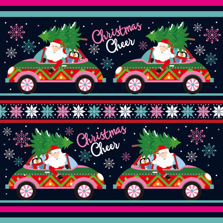 Christmas card with santa and tree on a carのイラスト素材