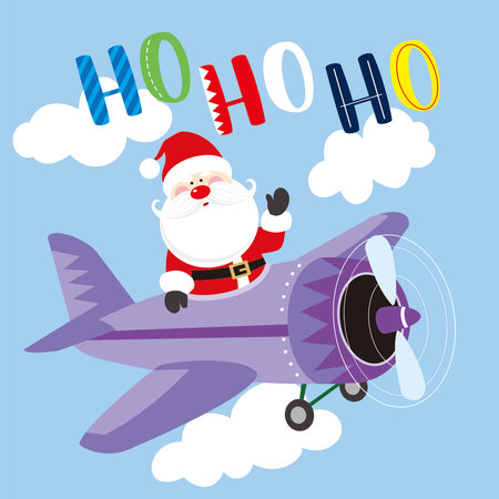 Christmas card with santa on the planeのイラスト素材