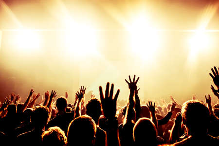 silhouettes of concert crowd in front of bright stage lights