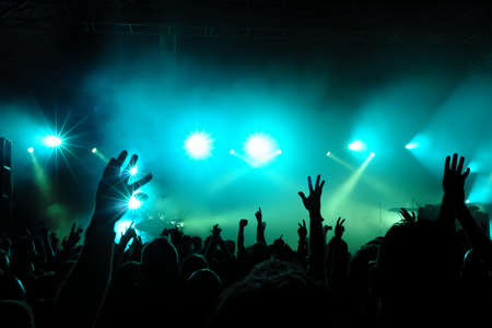 silhouettes of concert crowd in front of bright stage lights