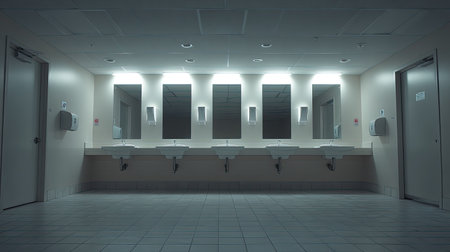 Long, empty restroom hallway with rows of sinks and mirrors.  The room is well-lit and features neutral tones, creating a clean, modern aesthetic.  The interior is a public restroom.の素材