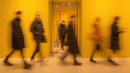 Hallway with bright yellow walls, featuring several people walking through it in motion blur. The people are wearing coats and casual footwear. A sense of urban movement and activity is conveyed through the blurred figures.の素材