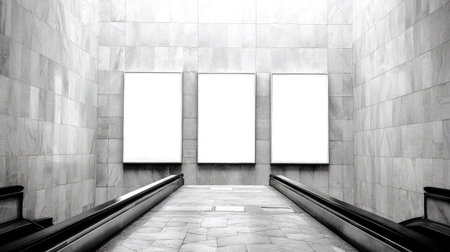 Interior view of a modern urban building with three blank advertisement boards on the wall.  A moving walkway is visible in the foreground.の素材