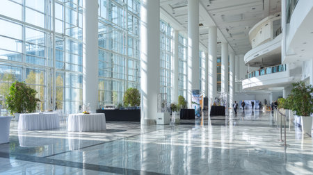 Spacious, modern convention center lobby, featuring high ceilings, large windows, and polished marble floors.  The lobby has clean lines and white walls, columns, and polished floor, allowing plenty of natural light.  Several round tables are placed strategically throughout the area.  A few people are visible.の素材