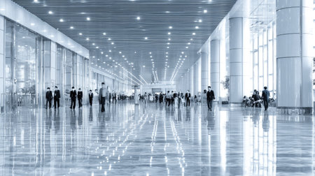 Wide, modern hallway of a commercial center is filled with people walking in various directions. The hallway is spacious and is filled with natural light, and large windows are visible on the sides. The floor is polished and reflects the light and surroundings.の素材