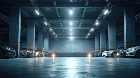 Contemporary, well-lit underground parking garage, featuring rows of parked vehicles and large concrete pillars. The scene is rendered with a modern design aesthetic.の素材