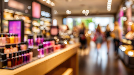 Defocused view of a cosmetics store, showcasing rows of products on display shelves.  The image focuses on the overall store atmosphere, with people slightly visible within the store environment. The lighting and layout of the store are also suggested by the image.の素材