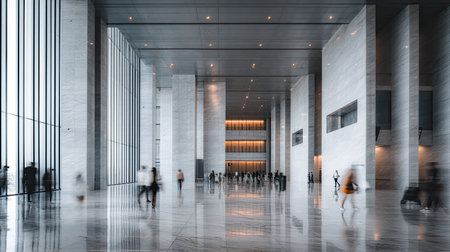 Modern, light-filled lobby in a large, contemporary building.  People are moving through the wide space. The light reflects beautifully off the polished marble floor.  The lobby features a minimalist design with clean lines. Stone walls and tall windows complete the elegant and spacious design.の素材