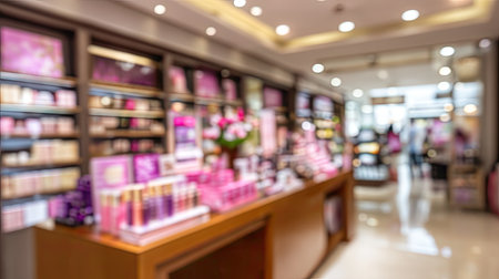 Softly focused image of a cosmetics store's interior, showcasing shelves filled with various beauty products and displays.  The warm lighting and general layout of the store are emphasized.の素材
