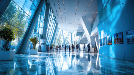 Bright, modern convention hall with large windows, reflective floors, and light blue walls.  The hall is spacious and features an open floor plan, emphasizing the building's architectural design and contemporary style.  Several people are walking through the hall.の素材