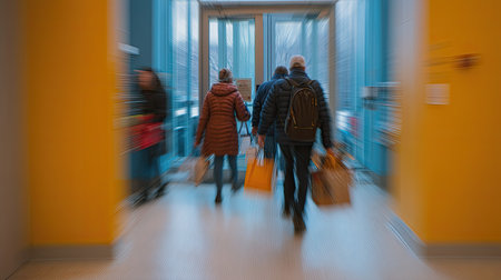 Hallway scene with people walking in different directions. The motion blur creates a sense of movement and activity. The colors are primarily muted tones of orange, yellow, and blue. The image conveys a sense of urban space and movement.の素材