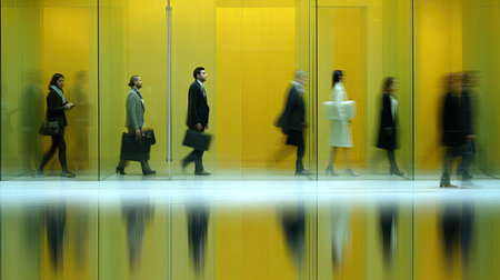 View of several individuals walking in a corridor or hallway. The corridor is enclosed by yellow walls and clear glass. The figures are in motion blur, suggesting a rapid pace or a feeling of movement.  Reflections of the people and the walls are visible on the floor.の素材