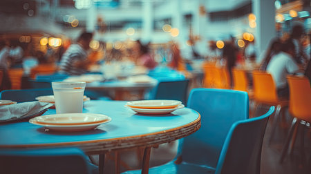 Empty table with plates and cups in a bustling cafeteria, surrounded by other tables and chairs, with blurred people in motion in the background. The image showcases the vibrant atmosphere of a public dining area, and the focus is on the simplicity of the table setting.の素材