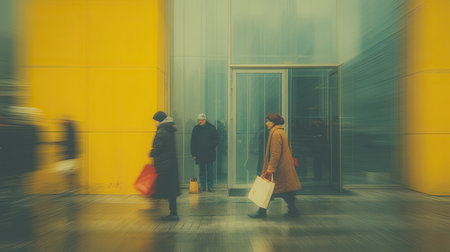 Modern urban scene with people walking in front of a building featuring striking yellow and gray tones.  The motion of the people is subtly blurred, creating a sense of time passing and urban activity.の素材