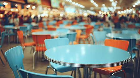 Brightly colored, retro-style food court with numerous round tables and chairs, and people in the background. The image is focused on the tables and chairs, while the background is slightly blurred, creating a sense of depth and movement. The colors are vibrant, contrasting with a slight vintage aesthetic.の素材