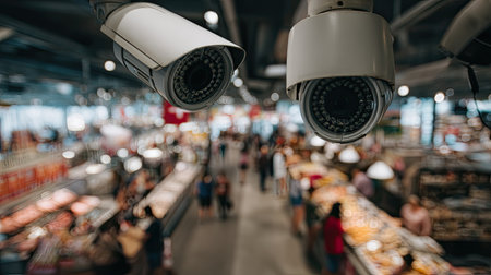 Security camera is mounted high above a busy store.  The camera lens is focused on the foreground, while the people and products in the store are out of focus. The image conveys a sense of observation and security in a retail environment.の素材