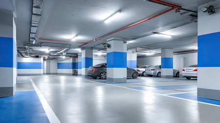 Indoor parking garage with multiple parked cars.  The interior is modern and well-lit, featuring light gray walls and blue accents on the columns and parking spaces. The floor is light gray concrete.の素材