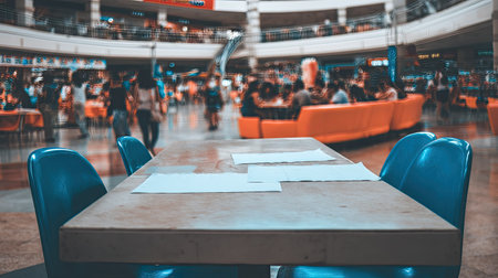 Empty table and chairs in a busy food court area of a shopping mall. The background shows many people seated at other tables and on orange couches.の素材