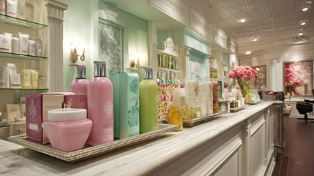 Store display of various bottles and jars of beauty products on a marble countertop.  The items are arranged aesthetically on a long, light-colored countertop, in a shop-like environment. Light fixtures and a light color scheme are part of the interior design of the store.の素材