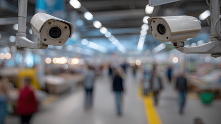 Two security cameras are mounted high in a large indoor space.  A blurred image of many people walking through the space is visible in the background.  The cameras are the focus of the image, with the people in the background lightly blurred.の素材
