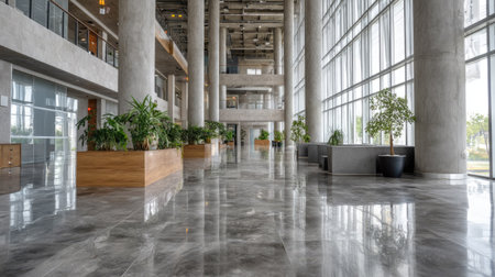 Wide-open, modern office lobby with polished, gray-toned concrete flooring and large windows.  The lobby has tall concrete pillars and potted plants in wooden planters.の素材