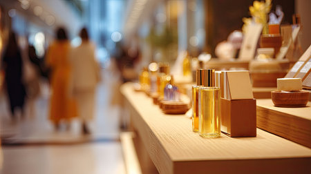 Blurred view of a retail store interior, displaying golden perfume bottles on a wooden counter.  People are walking in the background, out of focus. The bottles and display are in sharp focus.の素材