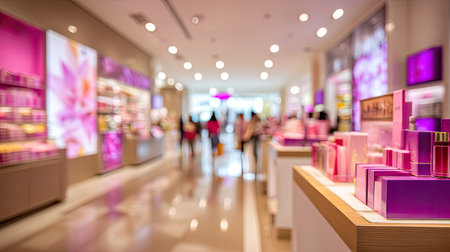 Blurred interior view of a cosmetics store aisle, showcasing various products and displays.  The image highlights the retail setting and atmosphere, with gentle lighting and shoppers in the background.の素材