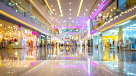 Defocused, wide indoor shot of a shopping mall, with many stores and people visible through the windows and walkways. The image's emphasis is on the overall ambiance and feel of a vibrant shopping environment. The image appears to have soft focus throughout, with varying levels of blur to highlight the energy of the scene.  The floor is prominently featured and reflects the lights and colors of the mall.の素材