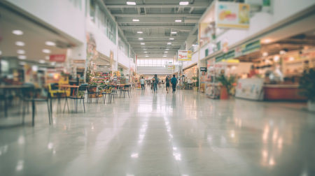 Wide, empty hallway within a large, modern shopping center.  The interior is brightly lit and spacious, featuring a polished floor, and various store fronts, with blurred figures of people walking through the space.の素材