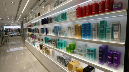 Well-lit, modern retail display showcasing various containers of cosmetics and personal care products arranged on multiple shelves.  The display is clean, organized, and features a bright, contemporary interior design.の素材