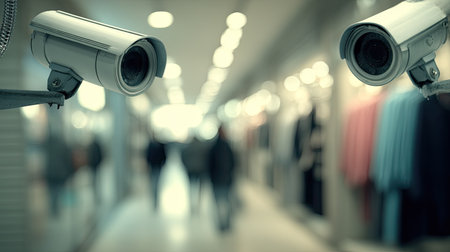 Security camera is mounted in a mall or similar retail location.  The background displays a blurred view of shoppers moving through the space, with the camera being the clear focus. Clothing racks and other retail elements are visible in the background, but the shoppers and other items are out of focus.の素材