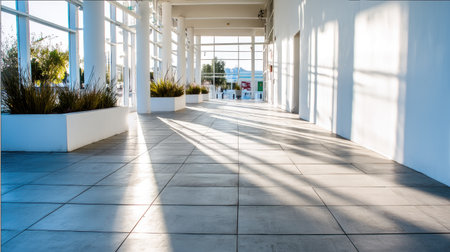 Wide, bright hallway with white walls and columns, glass windows, and sunlight streaming across the gray tiled floor, casting long shadows.  Small plants in white planters are positioned along the sides of the hallway.の素材