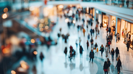 High-angle, slightly out-of-focus view of a large shopping mall.  Many people are walking throughout the spacious interior.  Light from various sources casts a soft glow.  The focus is primarily on the people and not any specific products or store displays.の素材