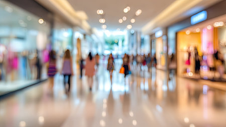 Defocused image of a shopping mall's interior, showing numerous people walking amidst retail stores.  The image is out-of-focus, conveying a sense of movement and activity within the mall. The display windows of stores are visible.の素材
