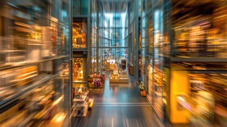 High-ceilinged, glass-walled interior of a modern shopping mall, showcasing displays of goods in motion-blurred perspective. The perspective is from a central position looking outward to the numerous shops, with a focus on the retail space and design elements.の素材