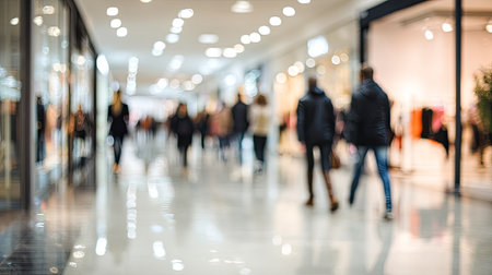 Defocused view of a busy shopping mall interior. People are walking through the spaces between shops. The focus is on the flow of people and the overall atmosphere of the space rather than individual details.  Shop windows are visible in the background.の素材