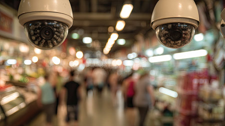 Close-up of a security camera in a busy marketplace.  The camera is sharply focused, while the background is softly blurred, highlighting people and objects in the marketplace.の素材
