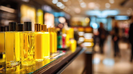 Selection of yellow perfume bottles are arranged on a glass display shelf in a brightly lit retail store. The background is out of focus, showcasing the interior of a retail store.の素材