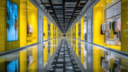 Long, bright hallway in a modern shopping arcade. The interior spaces are visible through large, yellow-tinted windows and displays.  The polished floor is highly reflective. The overall impression is clean, modern, and commercial.の素材