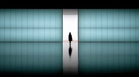 Person in silhouette walks toward a bright expanse of space within a modern, minimalist interior.  The walls are a teal or grayish-green.  The floor is a mirrored reflection of the walls.  The image is full of contrast between light and dark.の素材