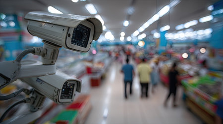 Close-up view of security cameras positioned in a bustling supermarket aisle.  The background shows many shoppers, blurred for effect, moving through the store.の素材