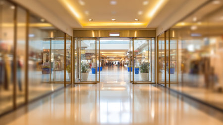 Long, bright hallway in a modern shopping mall with large glass doors opening into a larger space.  The flooring is polished and the lighting is even.  The view is of the interior.の素材
