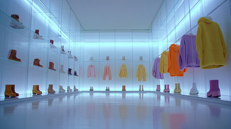Modern retail space showcasing a collection of colorful apparel and footwear, arranged on glass shelves and hanging racks, within a minimalist and brightly lit environment.  The space is clean and organized, with a focus on showcasing the products.の素材