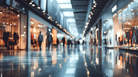 Wide shot of the interior of a modern shopping mall, with blurred figures of people walking amidst the stores.  The focus is on the spaciousness and the reflective nature of the floor.の素材